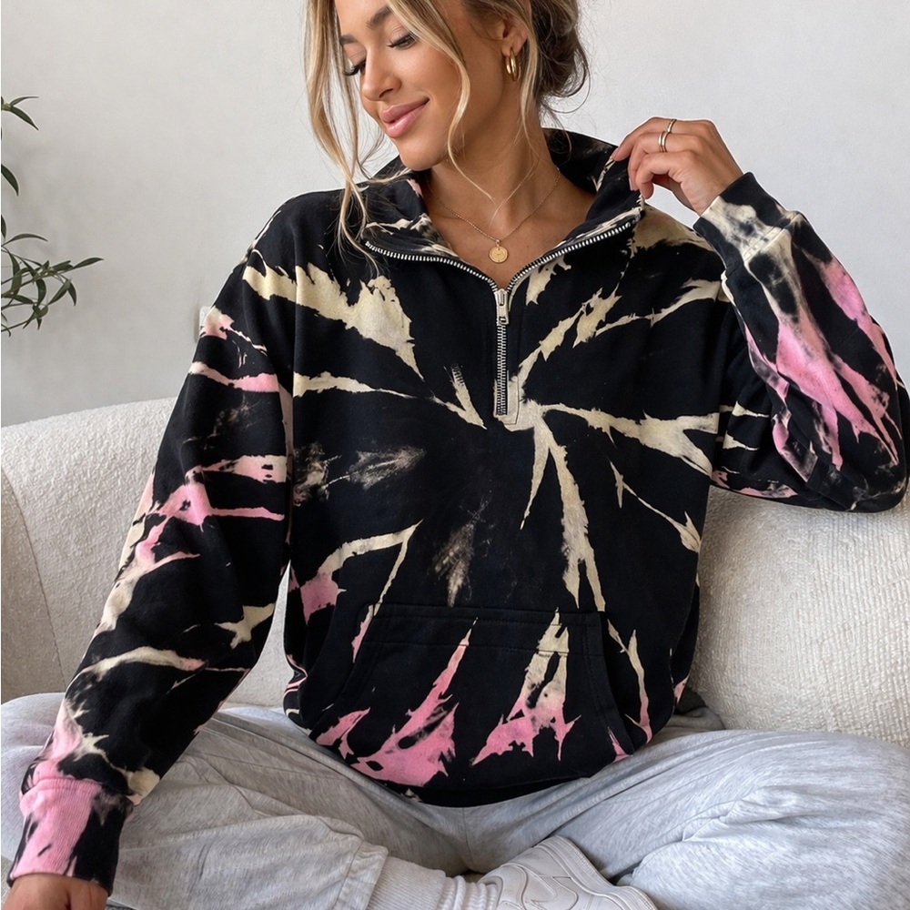 Tie Dye 1/2 Zip Pullover Sweatshirt Pink Black Cozy Lounge M